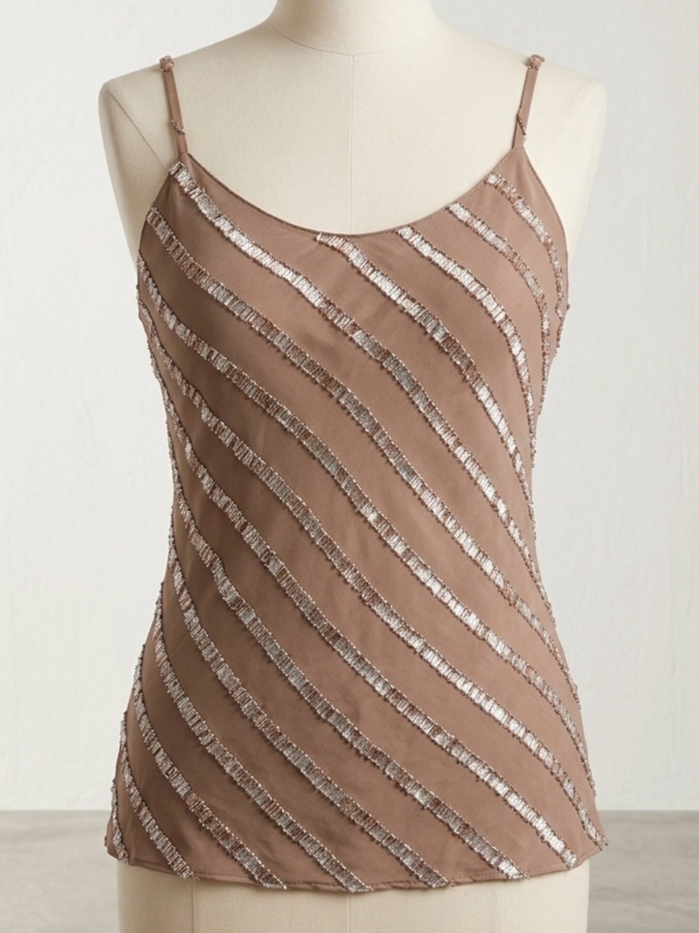 2000s Current Air Y2K beige & silver diagonal striped sequin cami top